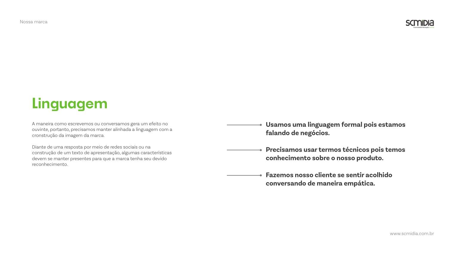 Manual page describing the brand language and tone of voice
