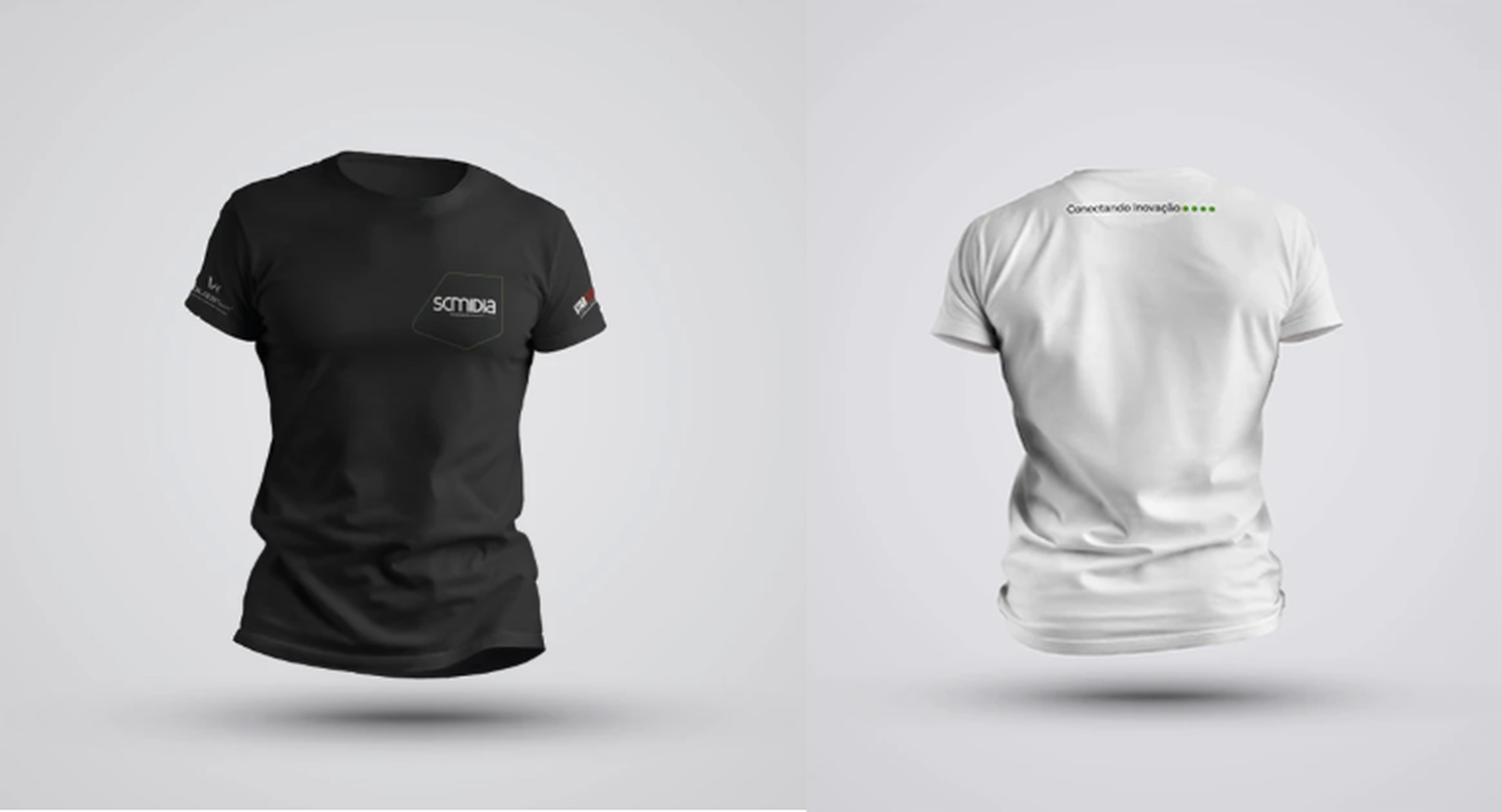 Black and white branded uniform T-shirts, front and back