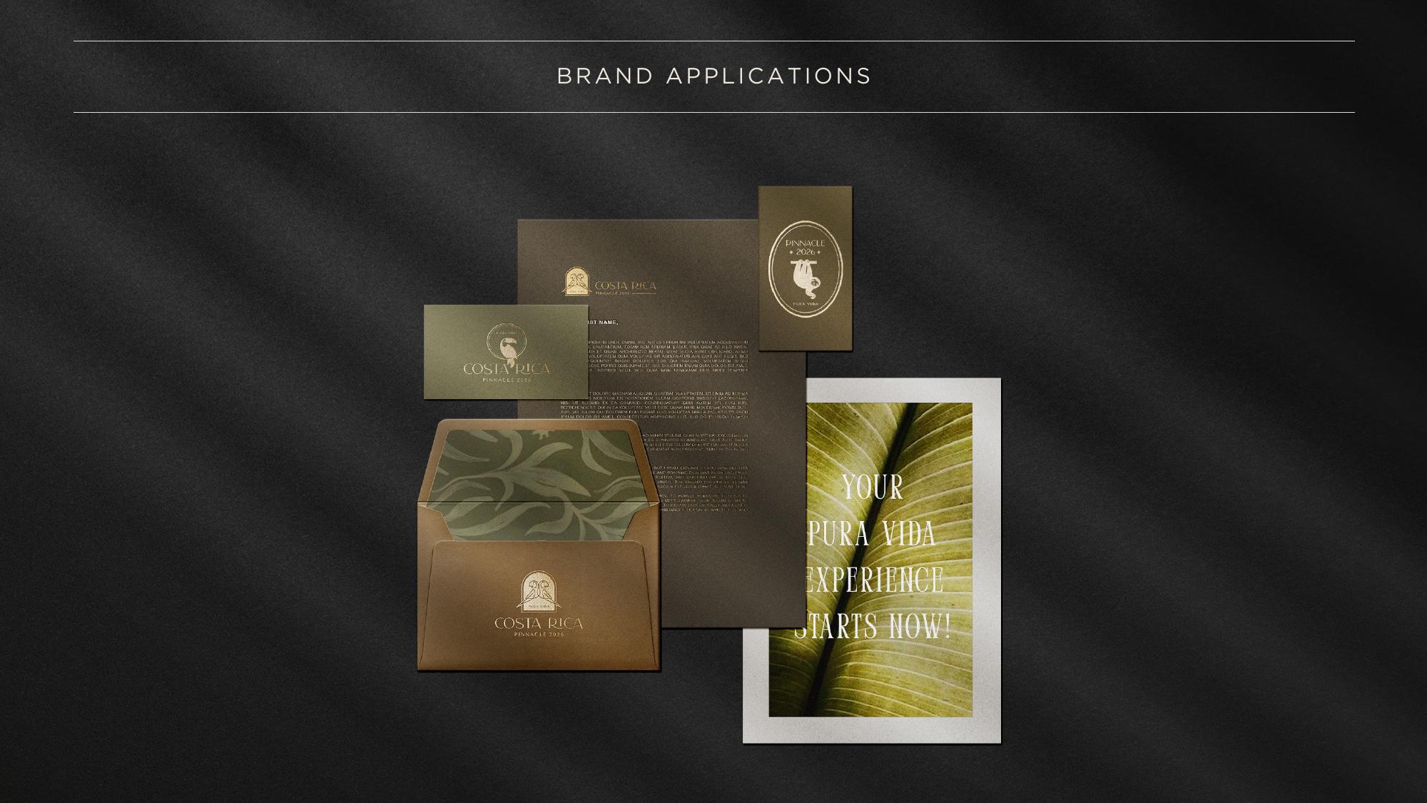 Brand applications collage with stationery and print pieces
