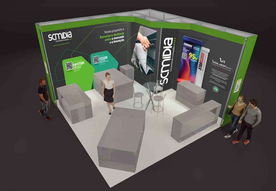 Trade show stand with branded walls, product panels and QR codes