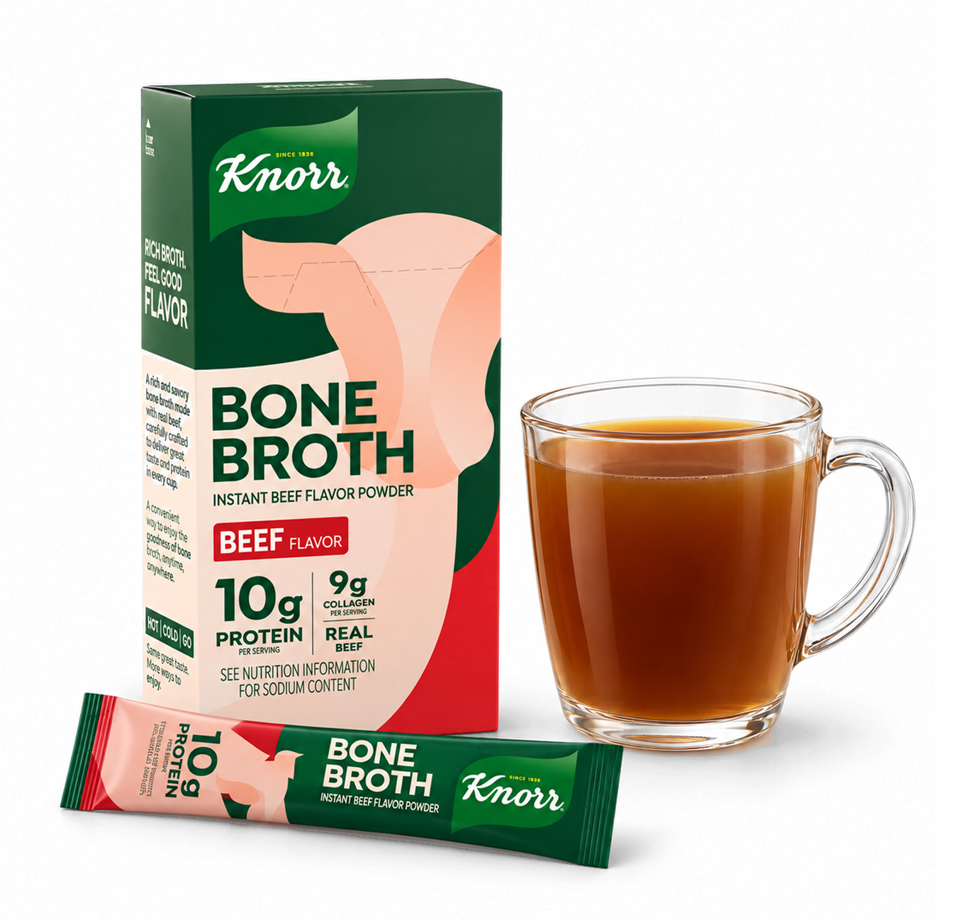 Knorr Bone Broth pack with a prepared cup of broth