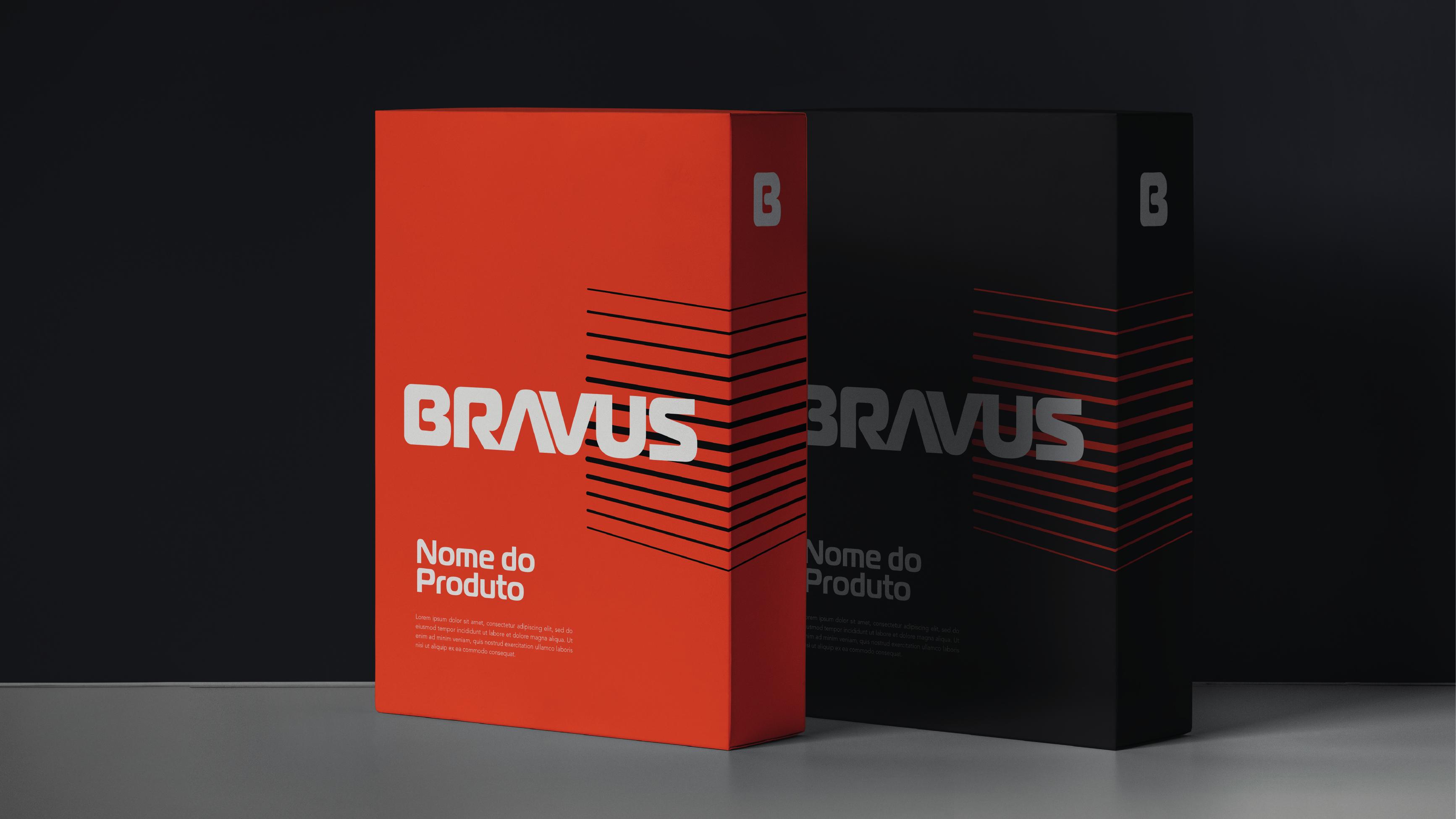 Bravus product packaging boxes in red and black