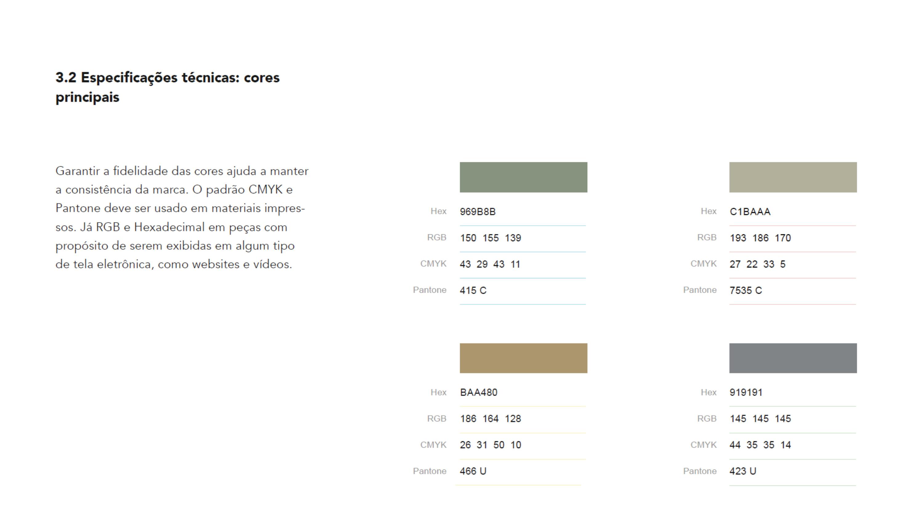 Technical color specifications with Hex, RGB, CMYK and Pantone values