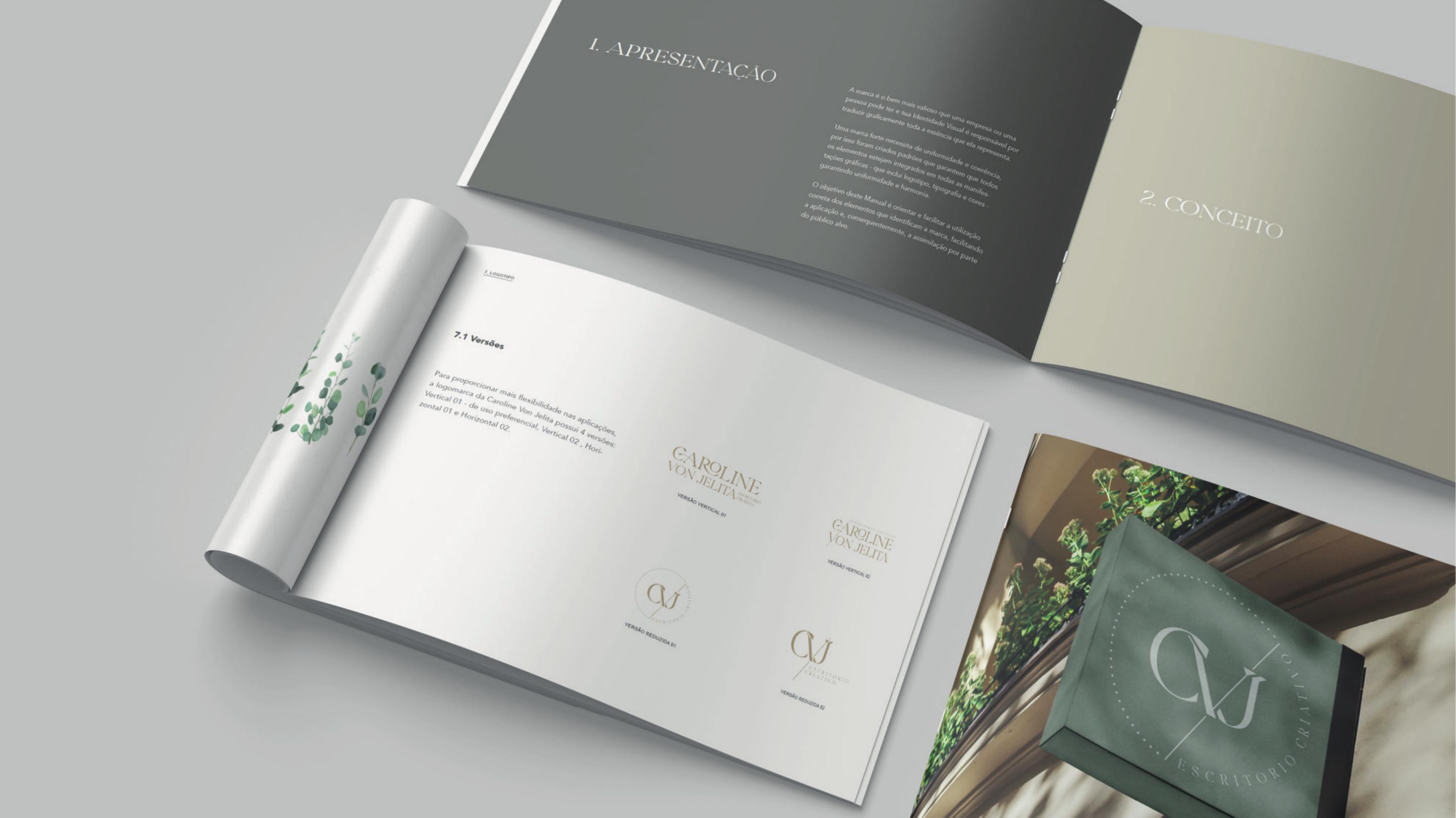 Brand manual pages presenting the concept and logo versions