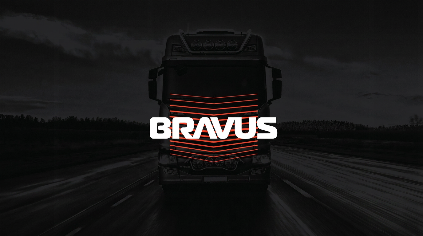 Bravus logotype over the front of a truck with the grille line graphic