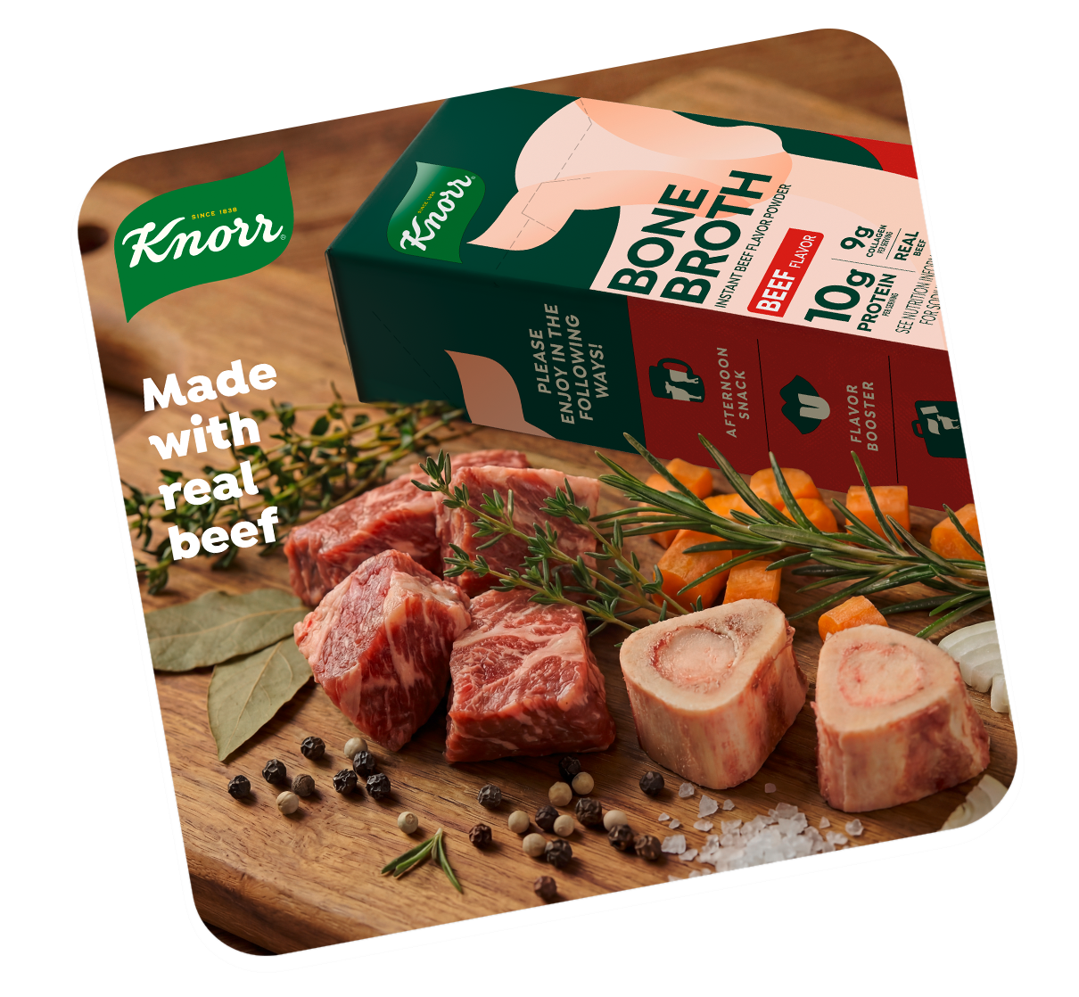 Bone broth pack surrounded by beef, herbs and spices